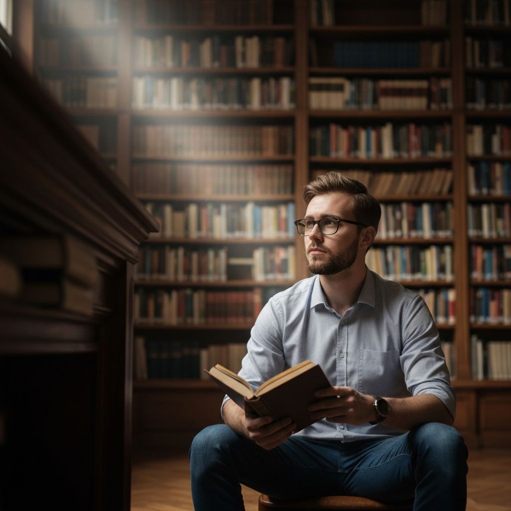 Pessoa jovem numa biblioteca a pensar de forma contemplativa, com expressão reflexiva e livros ao fundo desfocados, simbolizando a análise crítica de informação e a desmistificação de ideias comuns