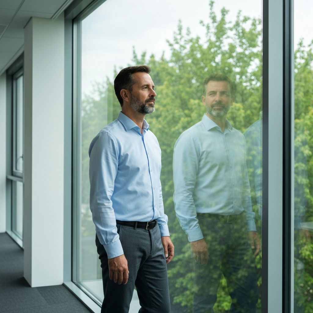Homem de meia-idade junto a uma janela de escritório, de pé, a descansar os olhos com o olhar perdido no horizonte verde e arborizado lá fora, numa pausa ativa do trabalho ao computador