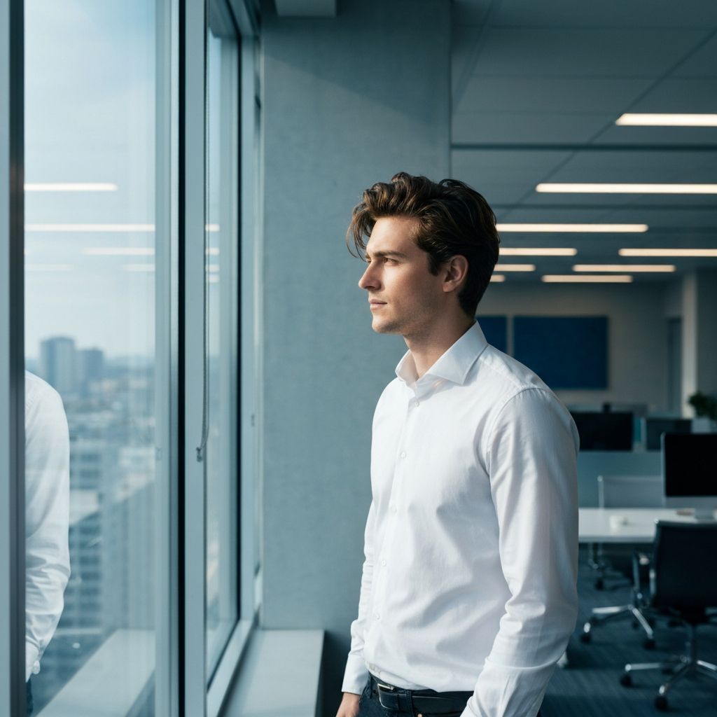 Homem jovem num escritório moderno a fixar o olhar para longe, através de uma janela, praticando a regra 20-20-20 de descanso visual durante o trabalho ao computador