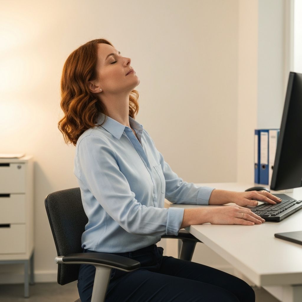 Mulher de meia-idade sentada numa secretária iluminada, a fechar suavemente os olhos e a inclinar a cabeça para os lados, realizando um exercício de mobilidade cervical e relaxamento ocular